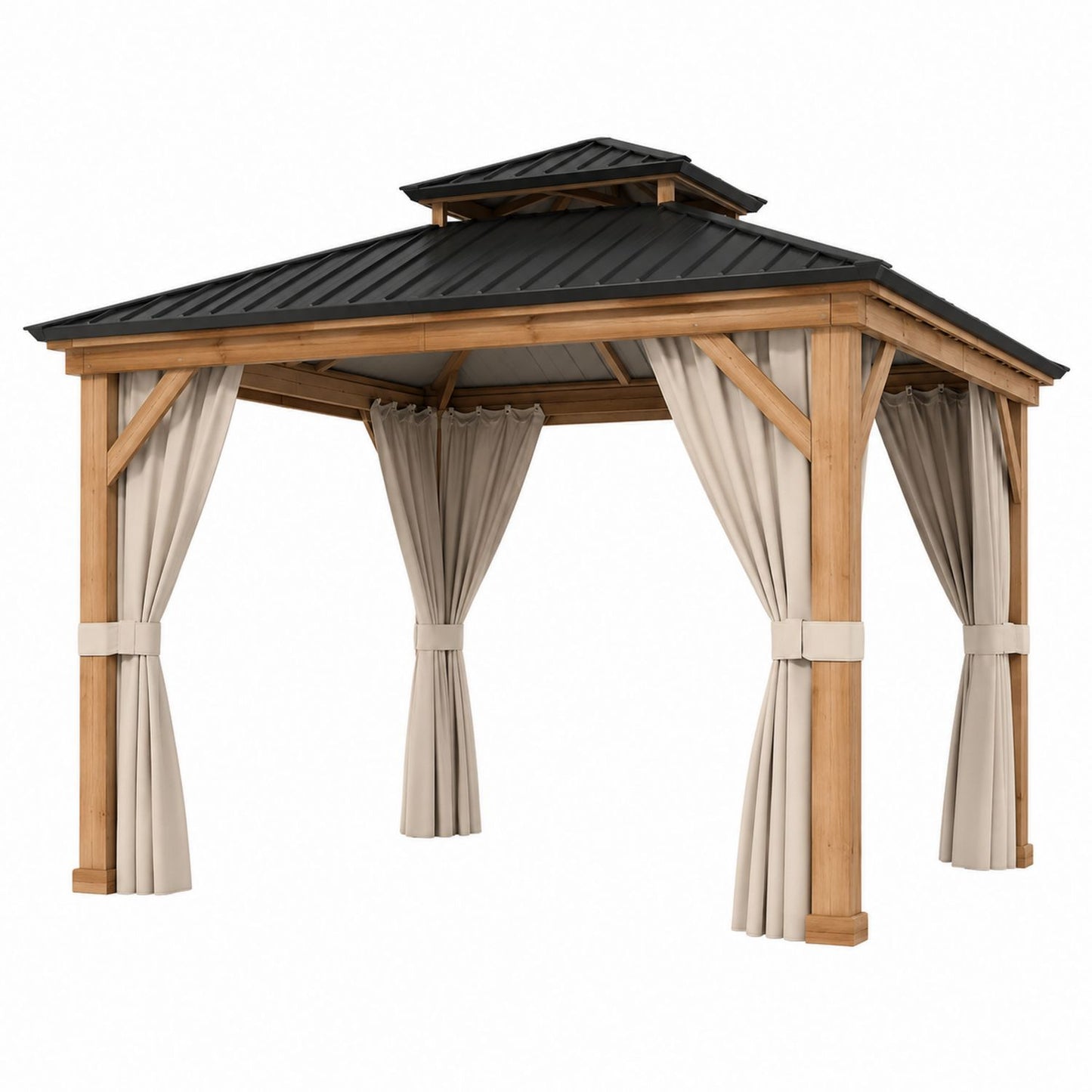 Cedar Gazebo with Double Tier Metal Roof and Beige Curtains 10x10 ft