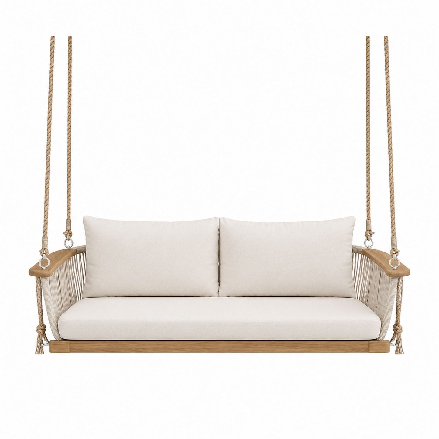 Outdoor Swing Chair Solid Wood Cream Cushions Jute Rope Hanging Sofa