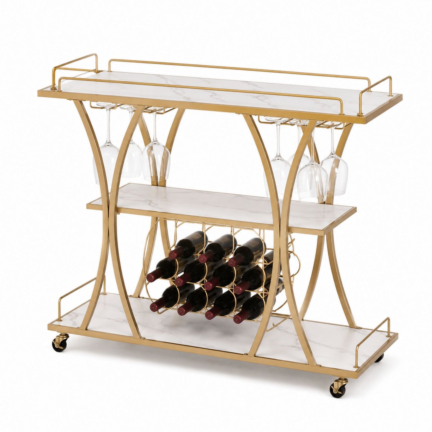 Gold Metal and Marble Finish Rolling Bar Cart with Wine Rack and Glass Holder