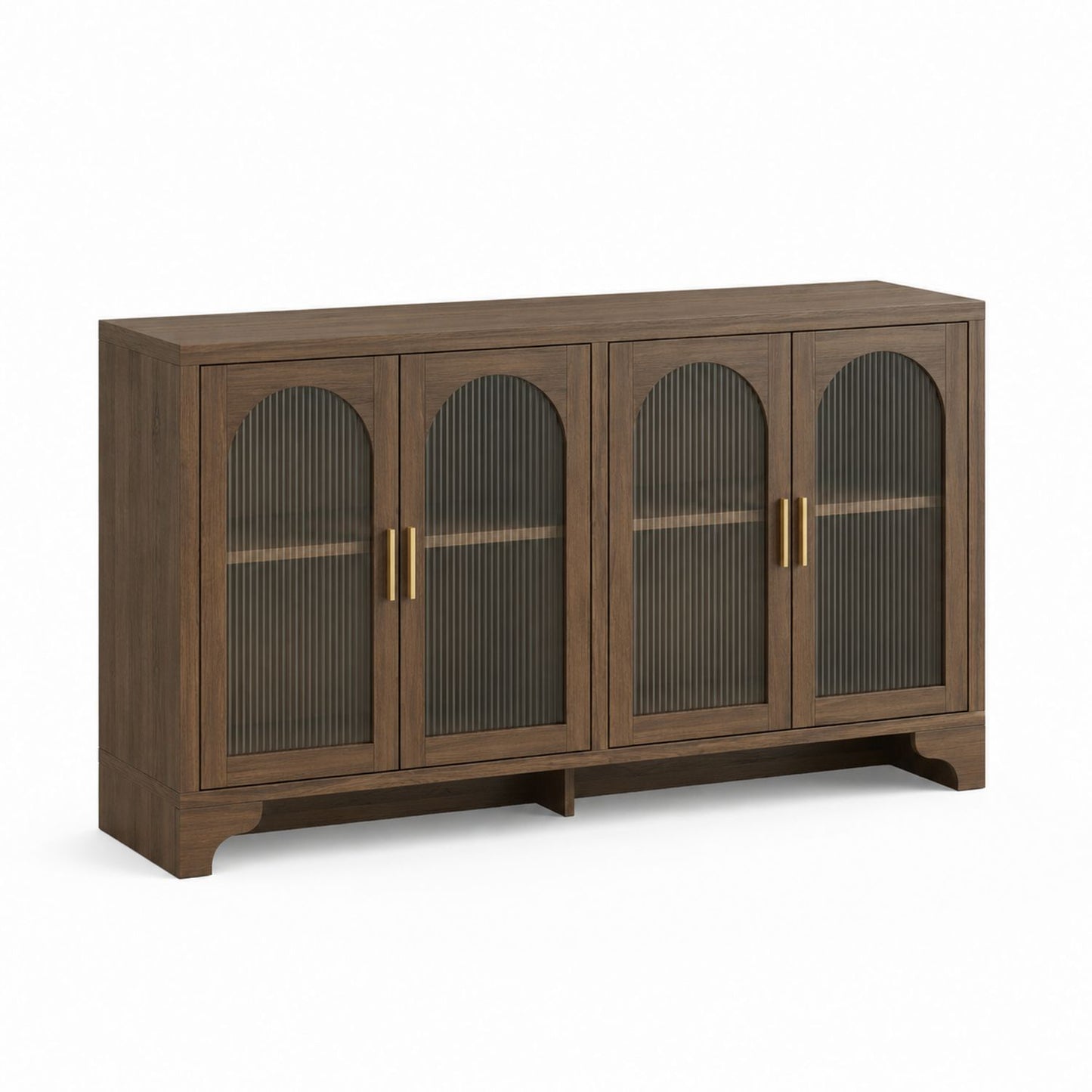Wooden Sideboard Buffet with Ribbed Glass Doors and Brass Handles, Brown 60x15x30 Inches