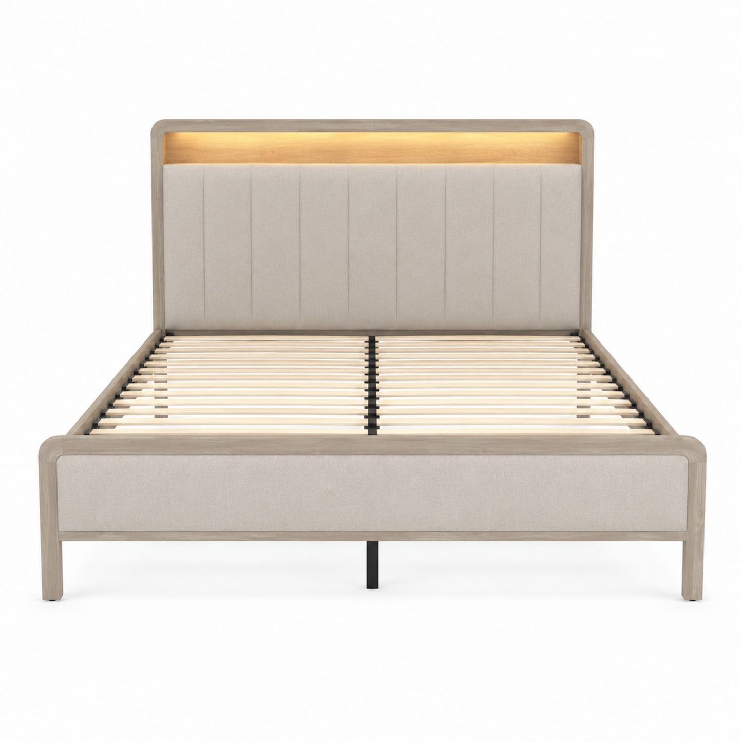 Wood and Fabric Upholstered Bed Frame with LED Headboard King Size