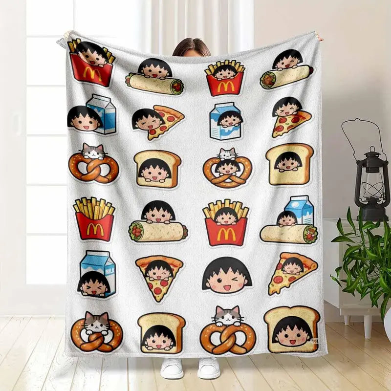Chibi Maruko-chan Anime Flannel Blanket, Food Print Throw, 60×80 in