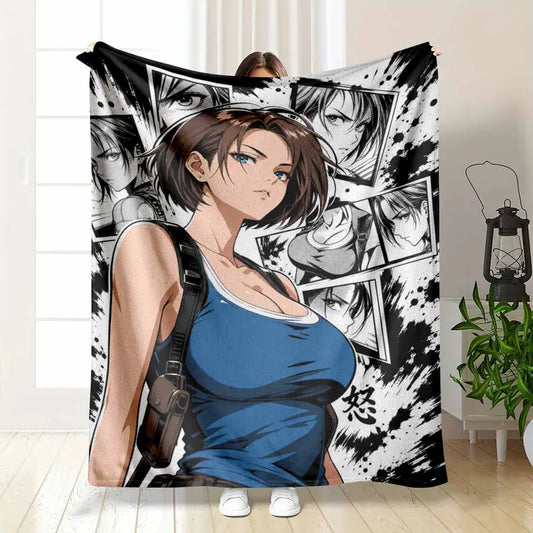 Anime Heroine Flannel Blanket, Soft Comic Manga Throw, 30x40–60x80