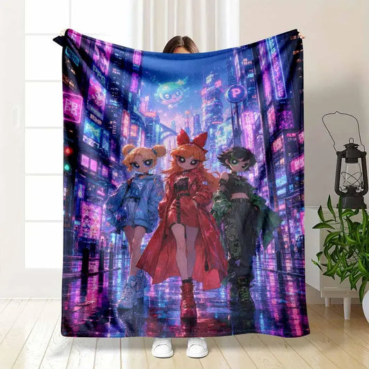 Cyberpunk Flannel Blanket Retro Neon City Throw Lightweight