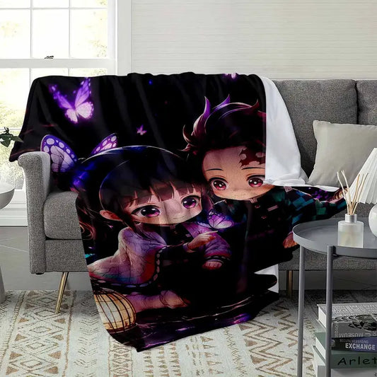 Demon Slayer Tanjiro & Kanao Flannel Blanket, Chibi Anime Lovers Butterfly Pattern, Super Soft Lightweight Throw for Living Room, Couch, Bed & Fan Gifts - image 3
