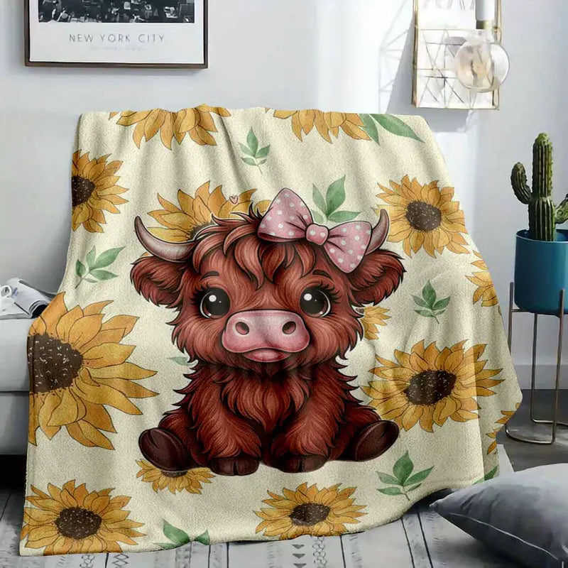 Cute Highland Cow Print Flannel Throw Blanket Sunflower, Soft 30x40–60x80 - image 2