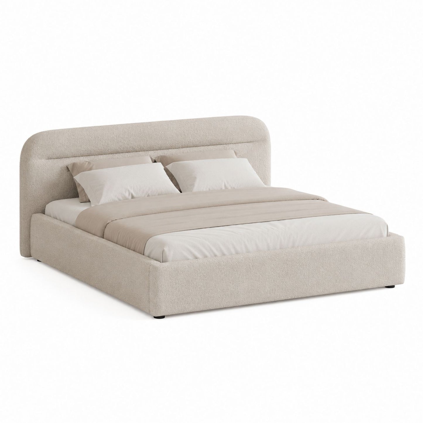 King Size Upholstered Platform Bed with Bouclé Fabric in Beige