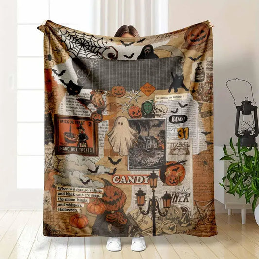 Vintage Halloween Flannel Throw Blanket, Soft Cozy