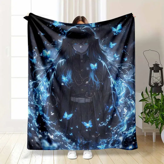 Anime Samurai Flannel Fleece Blanket with Luminous Blue Butterfly Print, Soft Warm Cozy Bed Throw