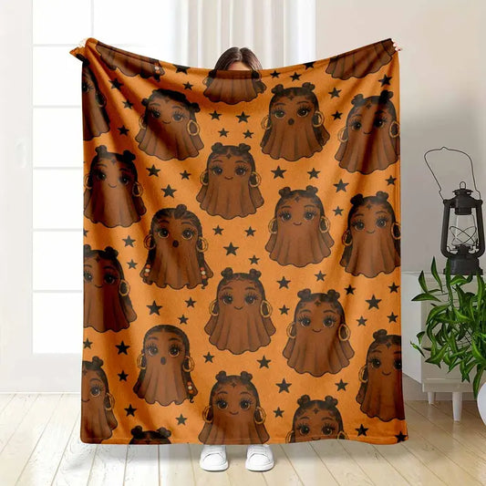 Cute Black Girl Ghost Flannel Blanket Aesthetic Brown Skin Spirit Pattern Lightweight Warm Plush Throw