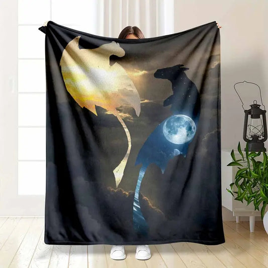 Fantasy Dragon Silhouette Flannel Blanket, Celestial Sun & Moon Print