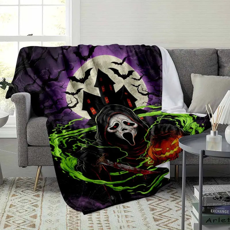 Gothic Halloween Flannel Fabric Blanket Throw, Ghost & Pumpkin - image 3