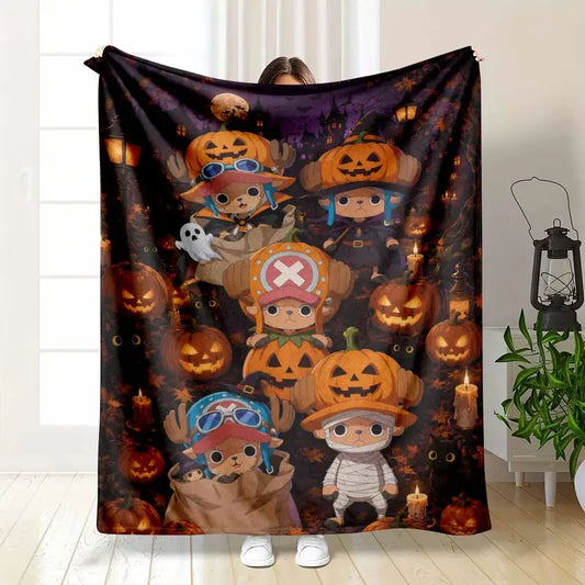 Whimsical Halloween Flannel Fabric Throw Blanket - Cute Reindeer, Pumpkin, Ghost, Black Cat, Moonlit Castle
