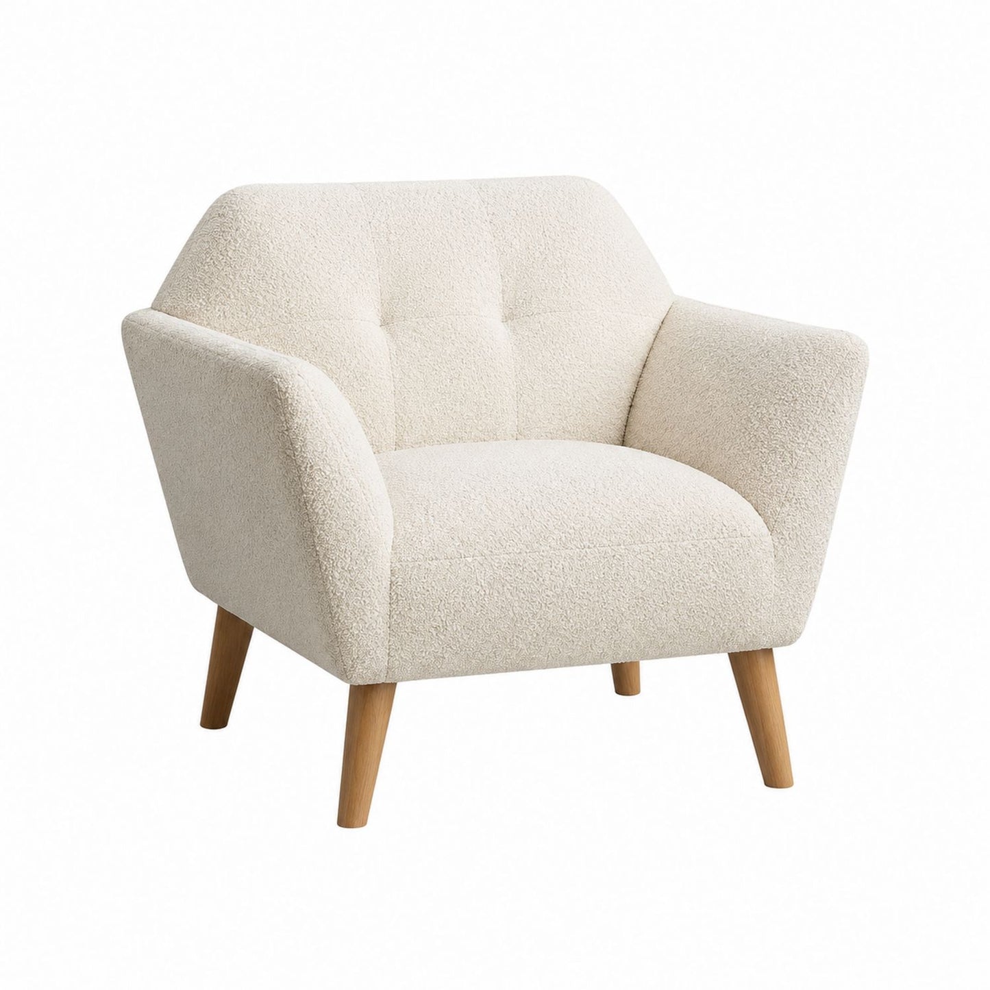 Beige Bouclé Fabric Accent Chair with Solid Wood Legs