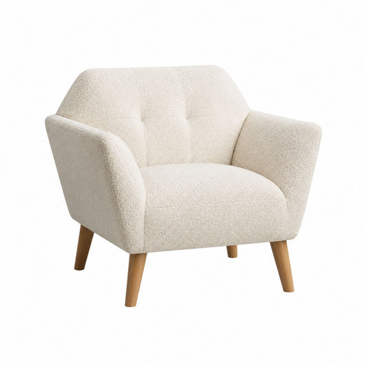 Beige Bouclé Fabric Accent Chair with Solid Wood Legs