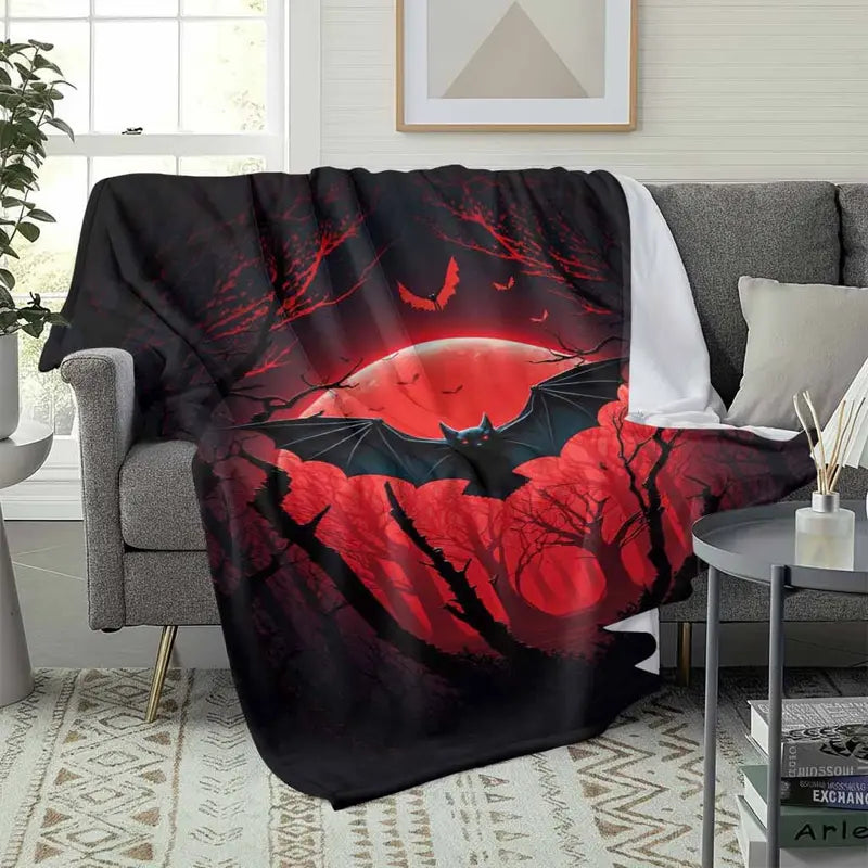 Gothic Bat Flannel Blanket with Red Moon Dark Forest Print Thermo Throw for Halloween Home & Outdoor - image 3
