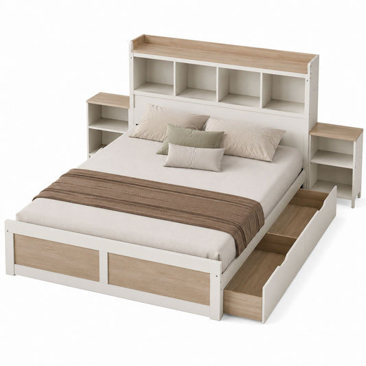 Wooden Storage Bed with Shelves and Drawers in White and Oak Finish