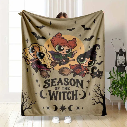 Mystical Sisters Flannel Blanket, Whimsical Sorceress Cartoon Trio Print, Super Soft Lightweight Cozy, Halloween Home Decor & Autumn Festival Gift for Living Room Bedspread Relaxation