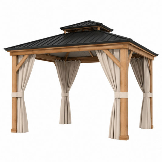 Cedar Gazebo with Double Tier Metal Roof and Beige Curtains 10x10 ft
