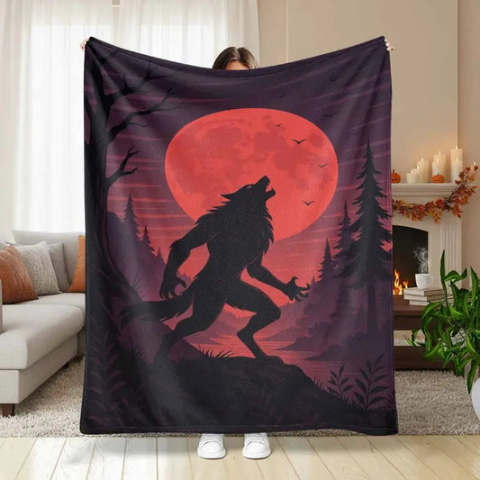 Anti-Pilling Flannel Fabric Blood Moon Werewolf Throw Blanket Gothic Forest Wolf