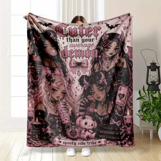 Pink Goth Demon Girl Aesthetic Flannel Blanket - Soft Cozy Bedroom & Travel Throw