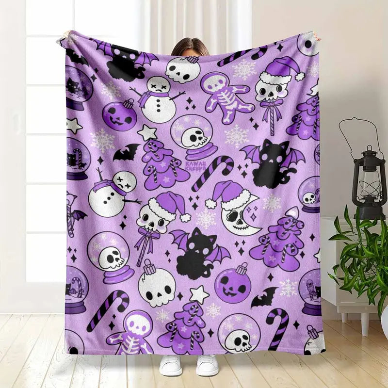 Purple Gothic Christmas Flannel Blanket for Bedroom and Living Room