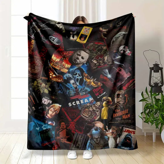 Classic Movie Prints Flannel Blanket, Vintage Horror Throw