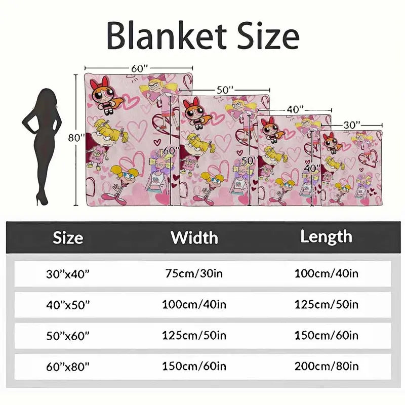 Pink Cartoon Print Flannel Fleece Throw Blanket - 90s Retro Girl Power Squad for Home and Camping - image 4