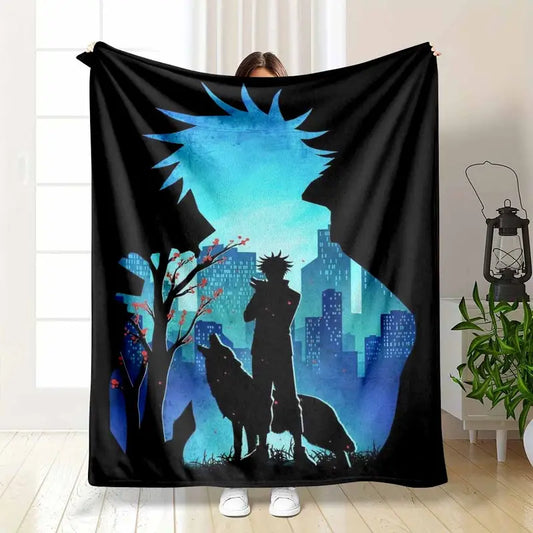Anime Silhouette Wolf Pattern Flannel Blanket Lightweight Cozy Throw Bedding