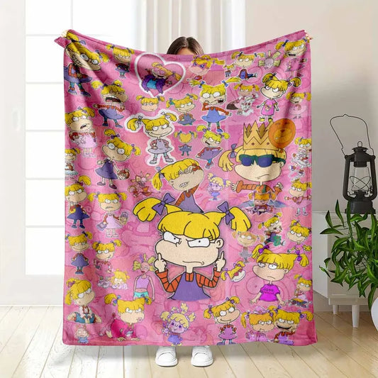 Flannel Cartoon Prints Throw Blanket, Sassy Blonde Pigtail Pink