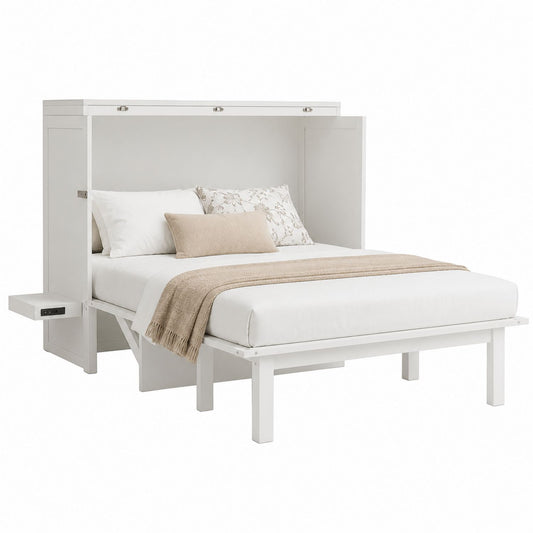 Queen Size Wood Murphy Bed with USB Port and Shelf, White