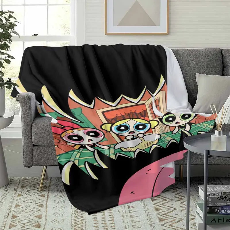 Cartoon Trio Flannel Blanket - Cute Big Eye Heroine Print, Wrinkle-Resistant, Soft Lightweight Indoor/Outdoor Throw, 60x80 Inch - image 3