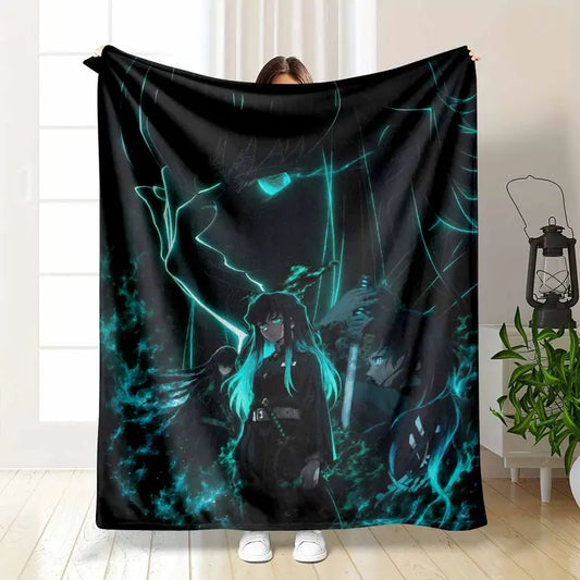 Neon Anime Warrior Flannel Fleece Blanket - Soft Cozy Cyberpunk Design, Unisex Bedroom & Living Room Throw
