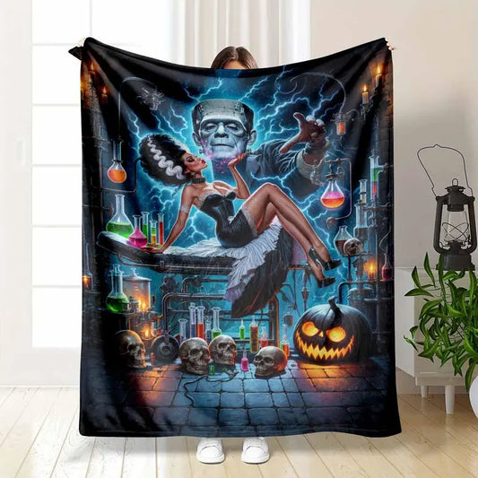 Gothic Horror Flannel Fabric Blanket with Frankenstein Lab Print - Multi-Size Soft Plush Throw