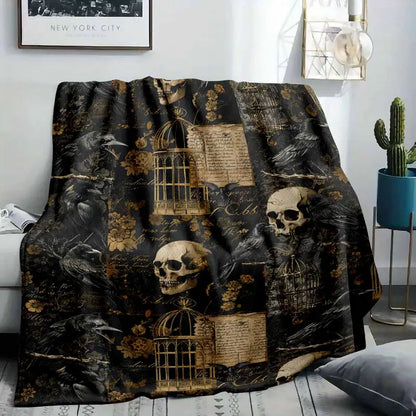 Gothic Raven Skull Flannel Throw Blanket - image 2