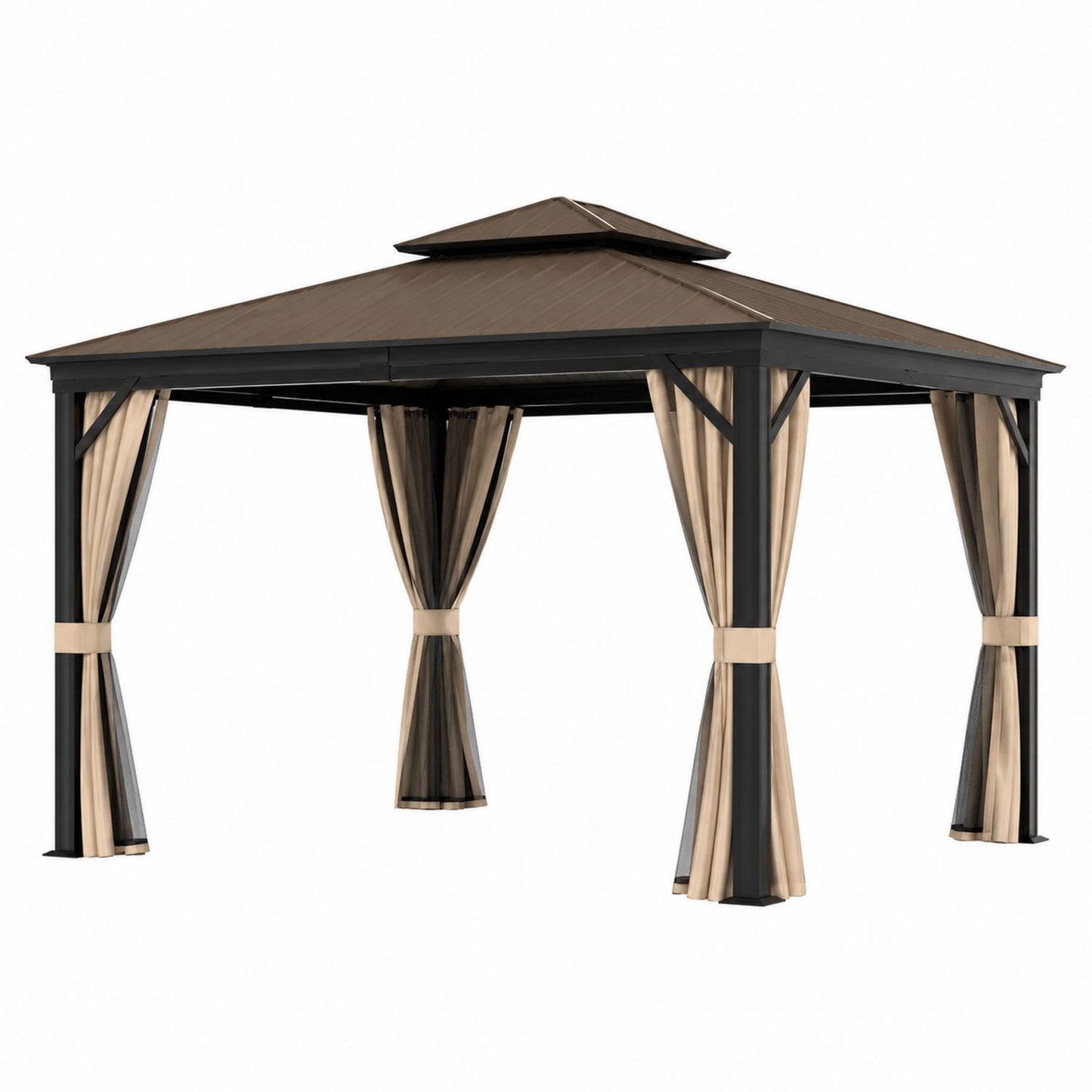Outdoor Aluminum Gazebo with Steel Roof and Polyester Curtains 12x10 ft