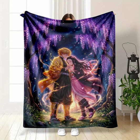Demon Slayer Zenitsu & Nezuko Flannel Blanket, Purple Wisteria Forest Graphic Print, Super Soft Lightweight Throw for Bedroom, Living Room, Sofa & Fan Gifts