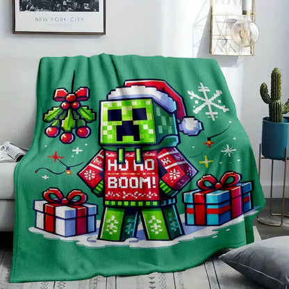 Pixelated Pixel Monster Flannel Throw Blanket Ho Ho Boom Winter Holiday Pattern Ultra Soft Lightweight Warm Bedding Couch Living Room Bedroom Home Decor Festive Present For Friends Family Office Nap Travel Use - image 2