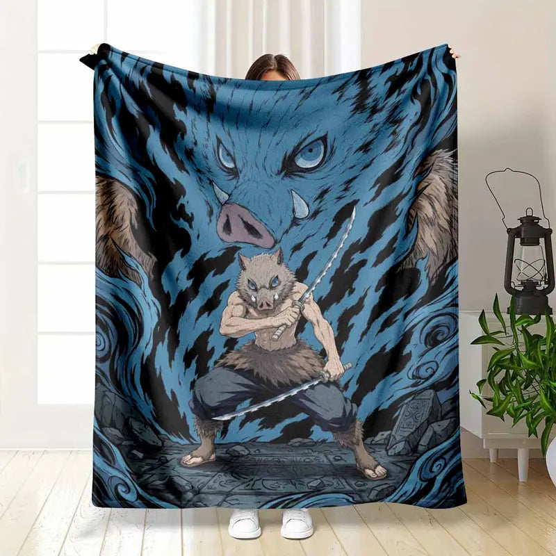Boar Mask Warrior Flannel Blanket Anime Aesthetic Print