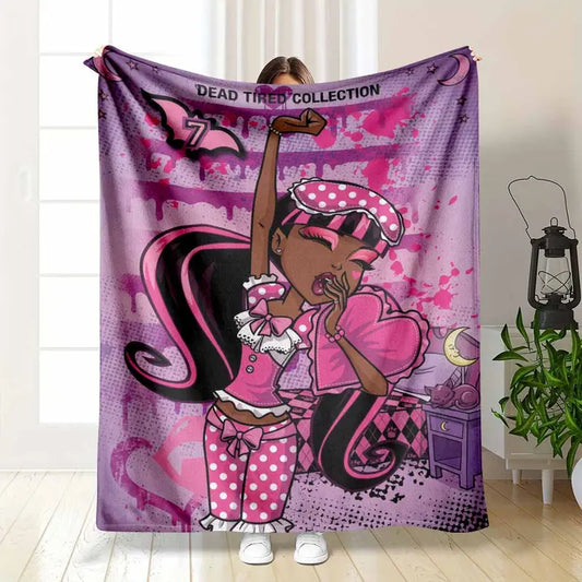 Fashionable Girl Flannel Blanket Pink Cartoon Print Soft Warm Cozy Throw