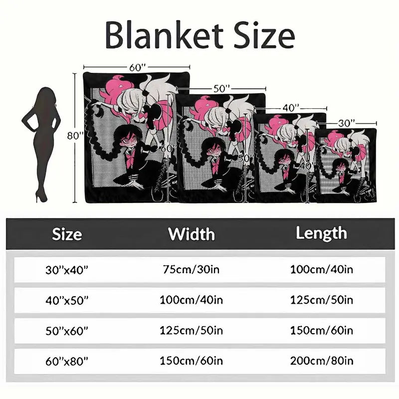 Anime Girl Duo Flannel Throw Blanket, Vibrant Pink/Black Grid - image 10