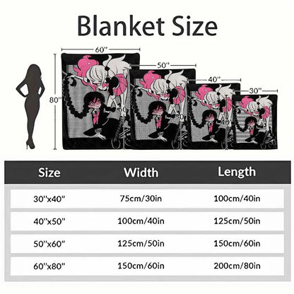 Anime Girl Duo Flannel Throw Blanket, Vibrant Pink/Black Grid - image 10