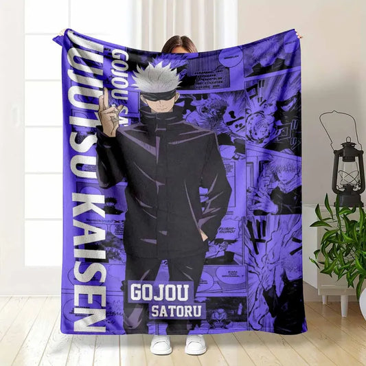 Anime-Style Flannel Throw Blanket Gojou Satoru Design Ultra Soft Lightweight Bedding