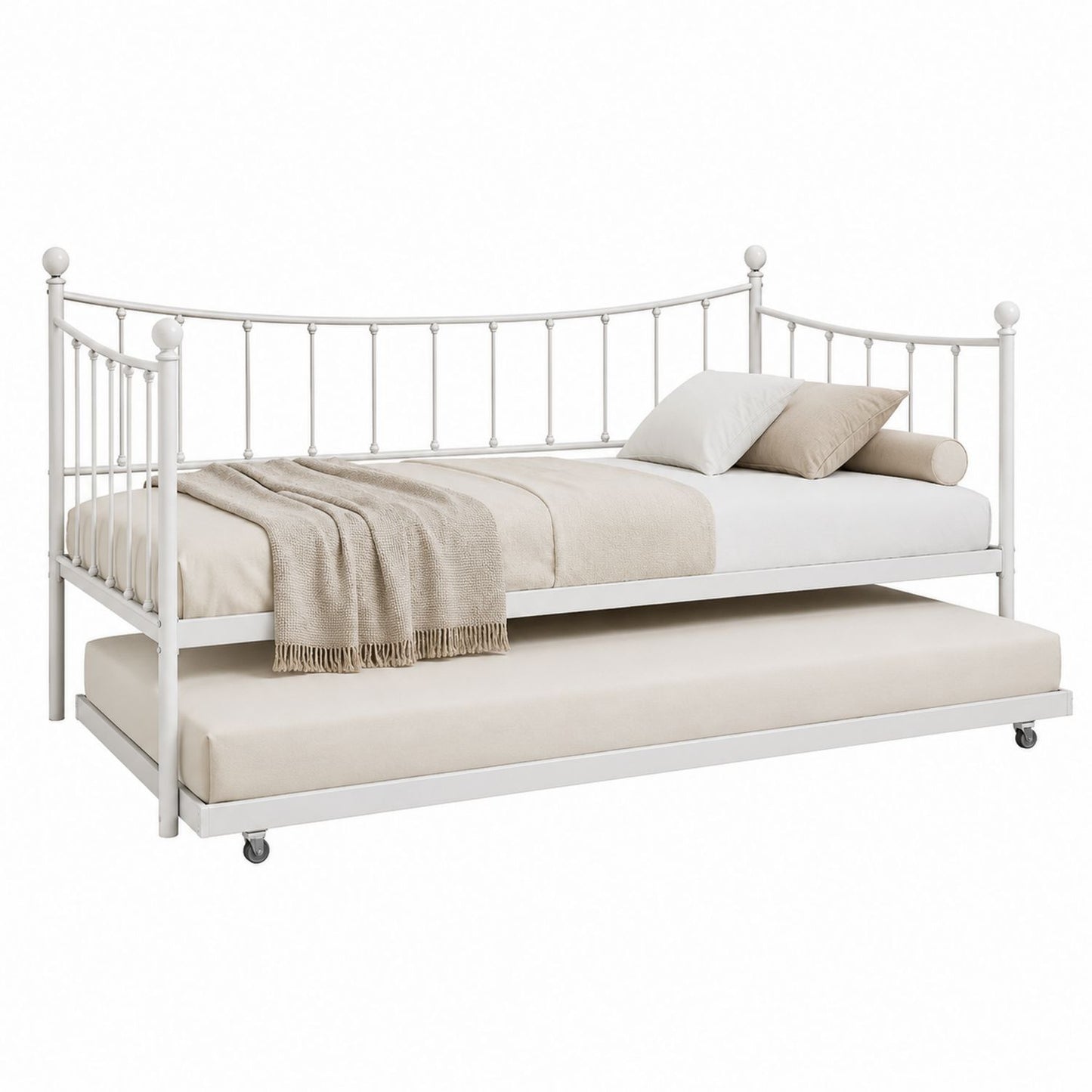 White Metal Daybed with Trundle Bed Frame Set