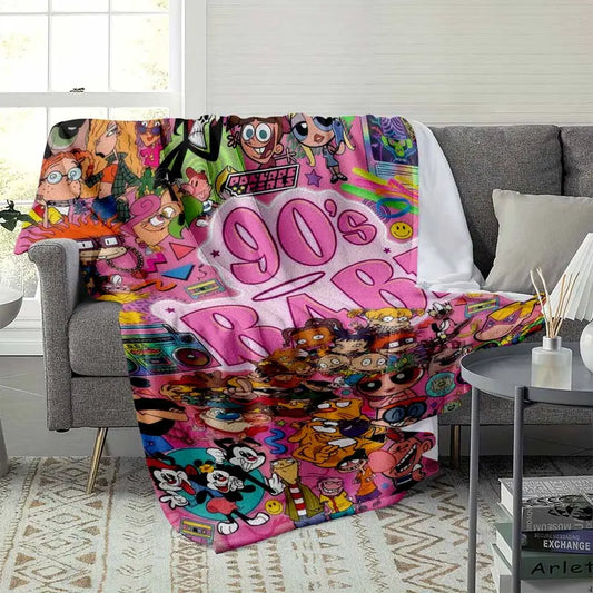 90s Pink Retro Cartoon Collage Plush Flannel Blanket