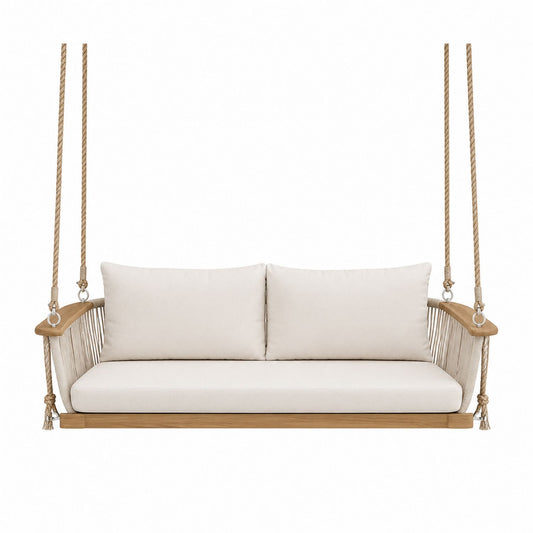 Outdoor Swing Chair Solid Wood Cream Cushions Jute Rope Hanging Sofa