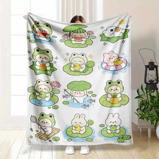 Cute Frog & Bunny Cartoon Flannel Throw Blanket, Watermelon/Lotus Duck Print