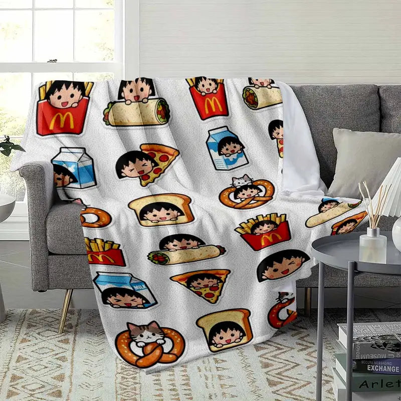 Chibi Maruko-chan Anime Flannel Blanket, Food Print Throw, 60×80 in - image 9
