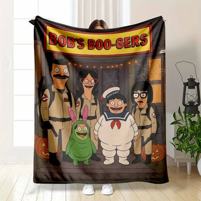 Halloween Family Paranormal Hunters Cartoon Print Flannel Blanket - Soft Cozy Warm Lightweight Throw for Home Decor