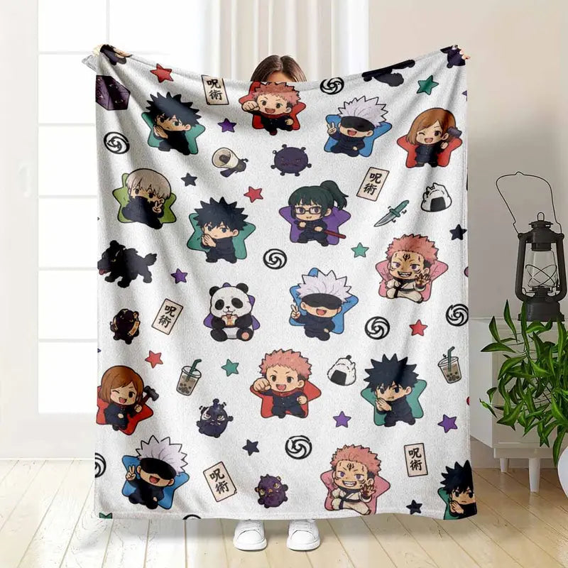 Anime Character Pattern Flannel Blanket Chibi Jujutsu Soft Warm Throw